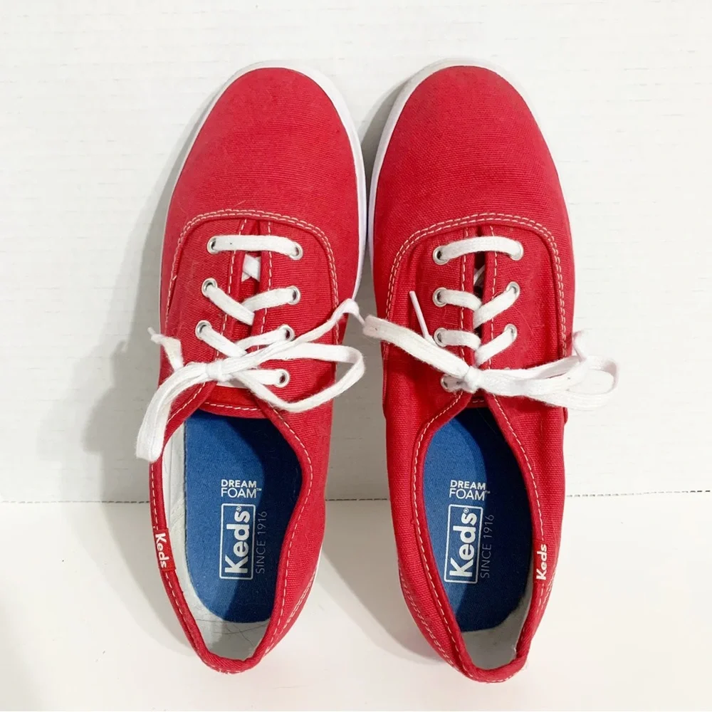 Keds Classic Champion Canvas Lace Up Sneakers White Outsoles and Soles Red 🟥